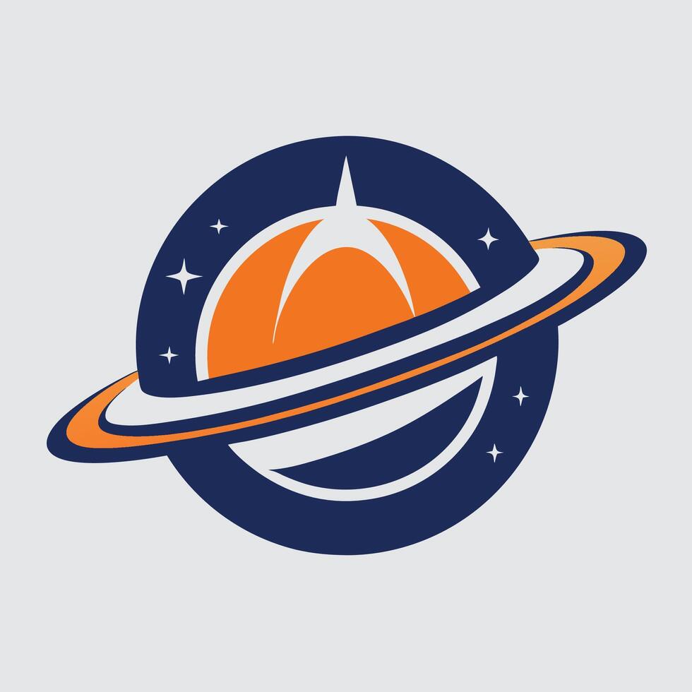 Minimalist logo design for a commercial space tour showcasing a stylized planet and rings against a dark blue background with stars vector