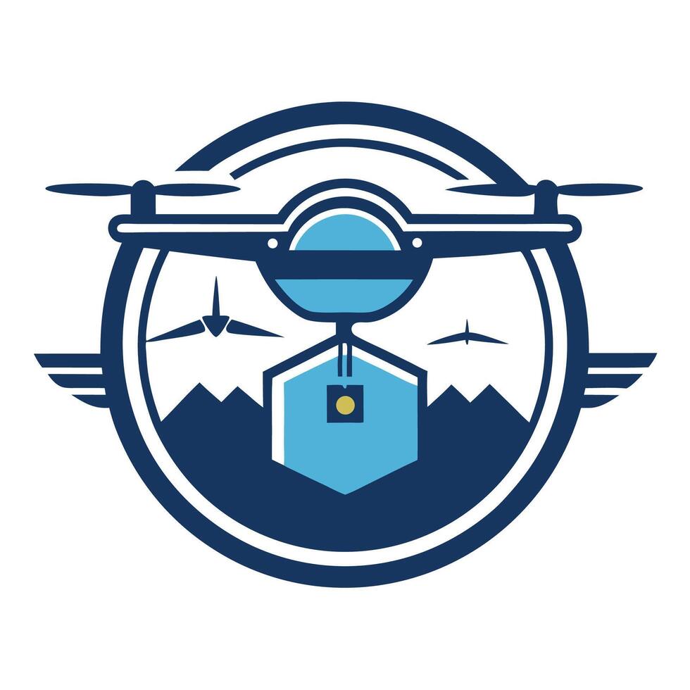 logo representing a drone delivery service featuring a helicopterstyle drone above a hexagonal delivery box with stylized mountains in the background vector