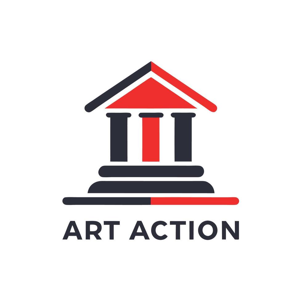 Prestigious minimalist logo design featuring a stylized auction house structure with bold colors and simplified forms, representing a leading venue for art auctions vector