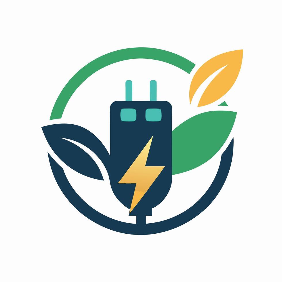 Forward thinking minimalist logo for electric vehicle charging services featuring a plug, leaves, and a dynamic lightning bolt symbolizing energy and sustainability vector
