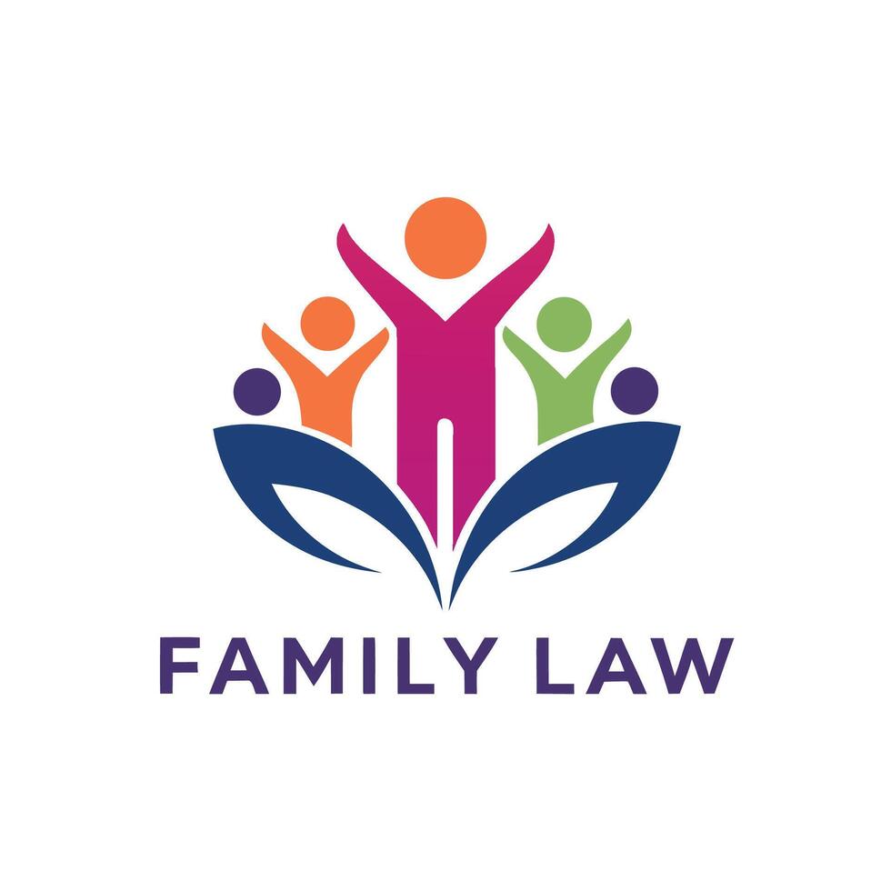 Supportive minimalist logo representing a family law practice, featuring figures raising hands and stylized leaves in vibrant colors vector