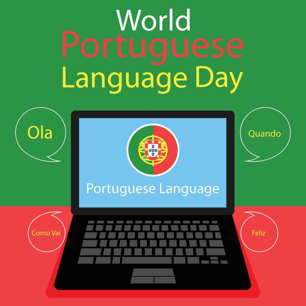 illustration graphic of laptop opens portuguese dictionary application, perfect for international day, world portuguese language day, celebrate, greeting card, etc. vector