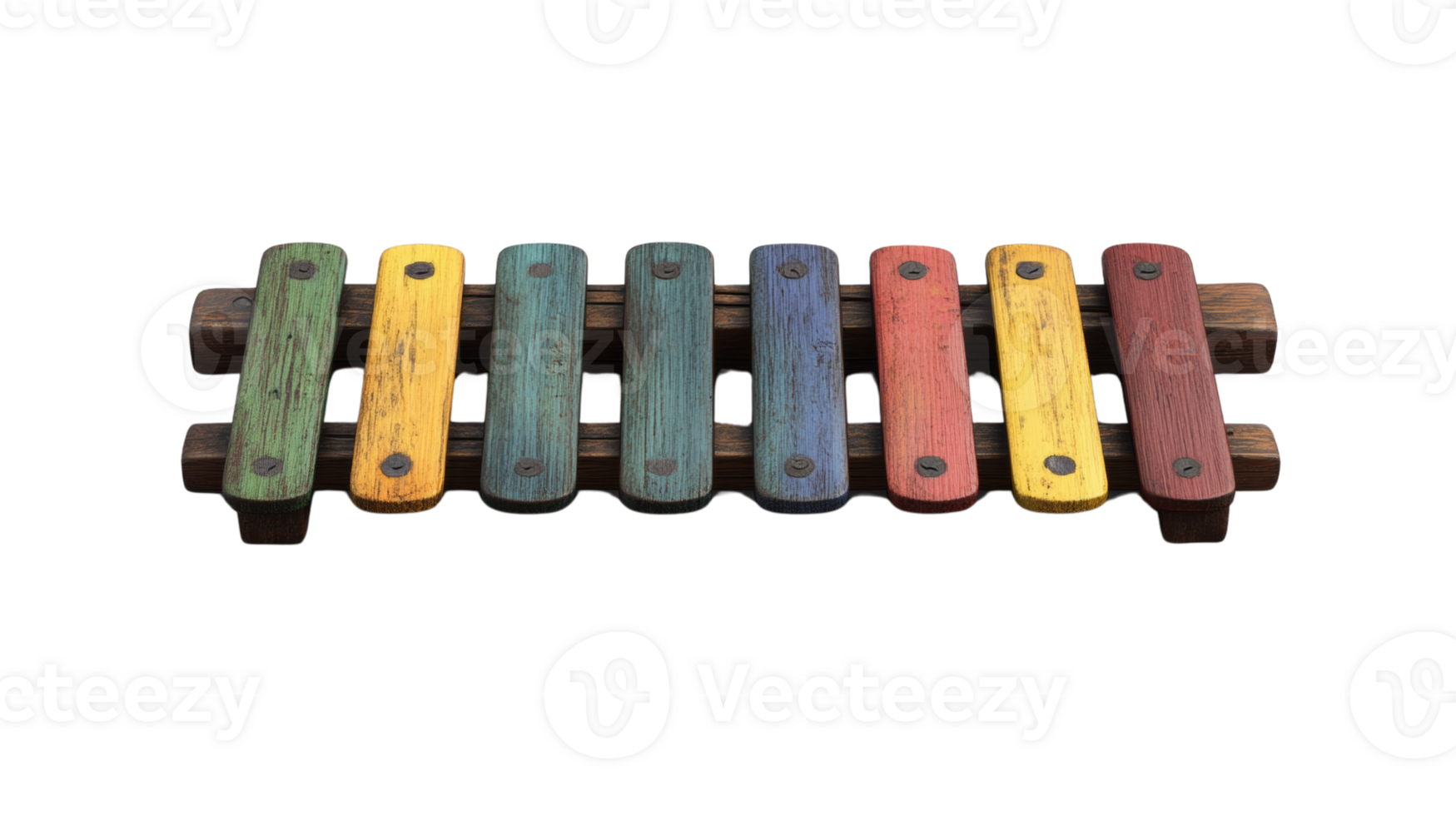 Wooden xylophone with a spectrum of aged colors, isolated with a transparent space png