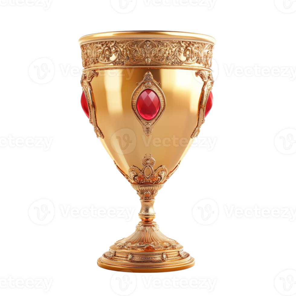 Ornate golden goblet embellished with crimson gems isolated on transparent canvas png