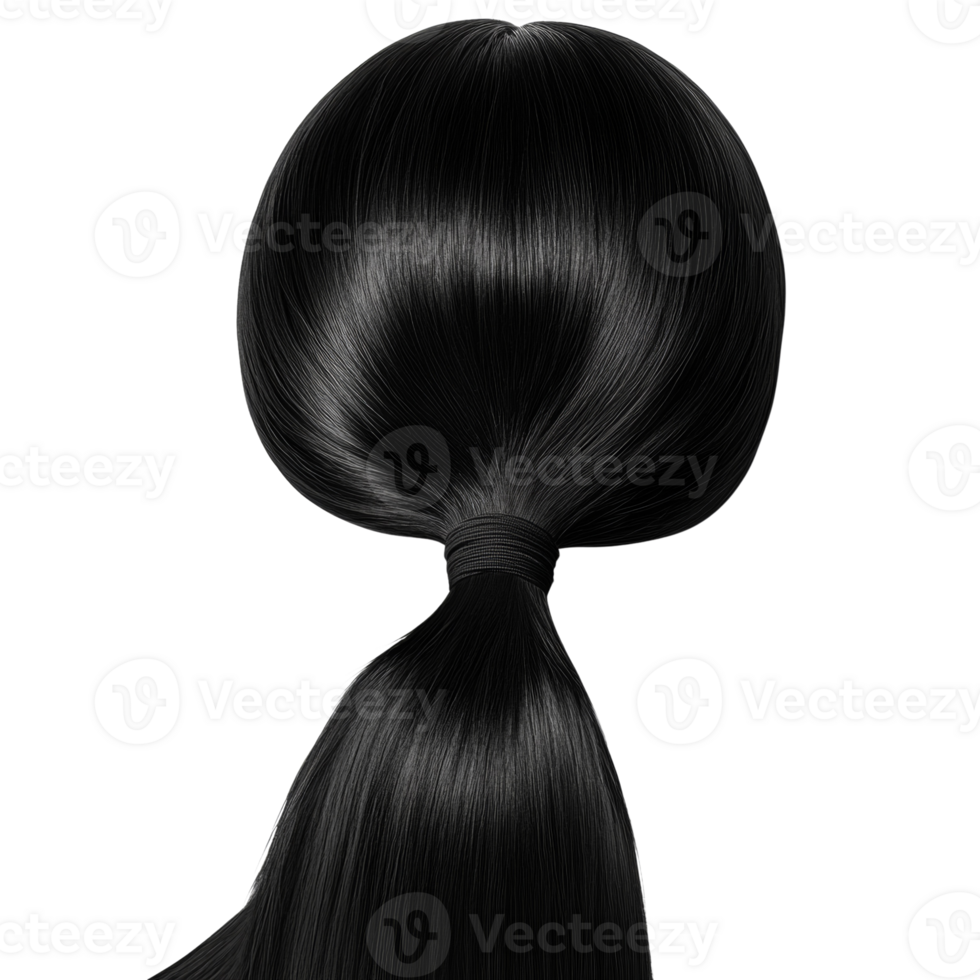 Elegant dark hair ponytail, flowing strands, luminous sheen, against a void, transparent layer png
