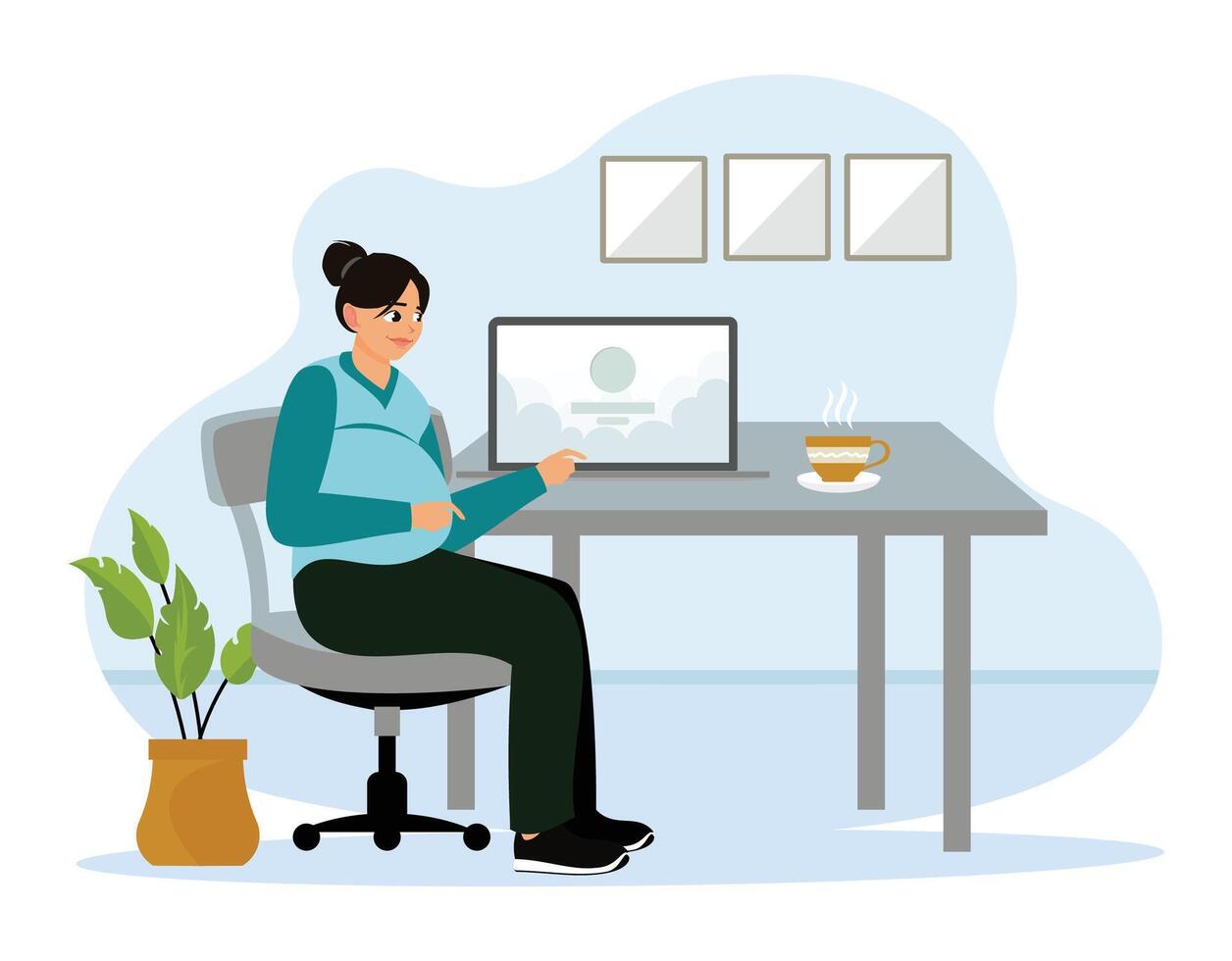 Pregnant woman working on laptop at home. vector