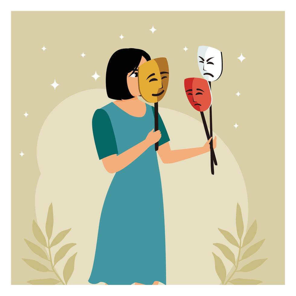 A woman with a mask of different emotions. vector