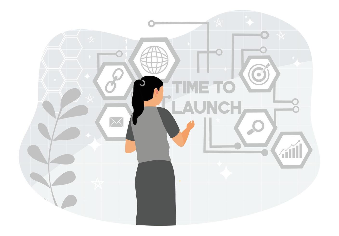 Woman planning a digital startup with technology icons and graphics. vector