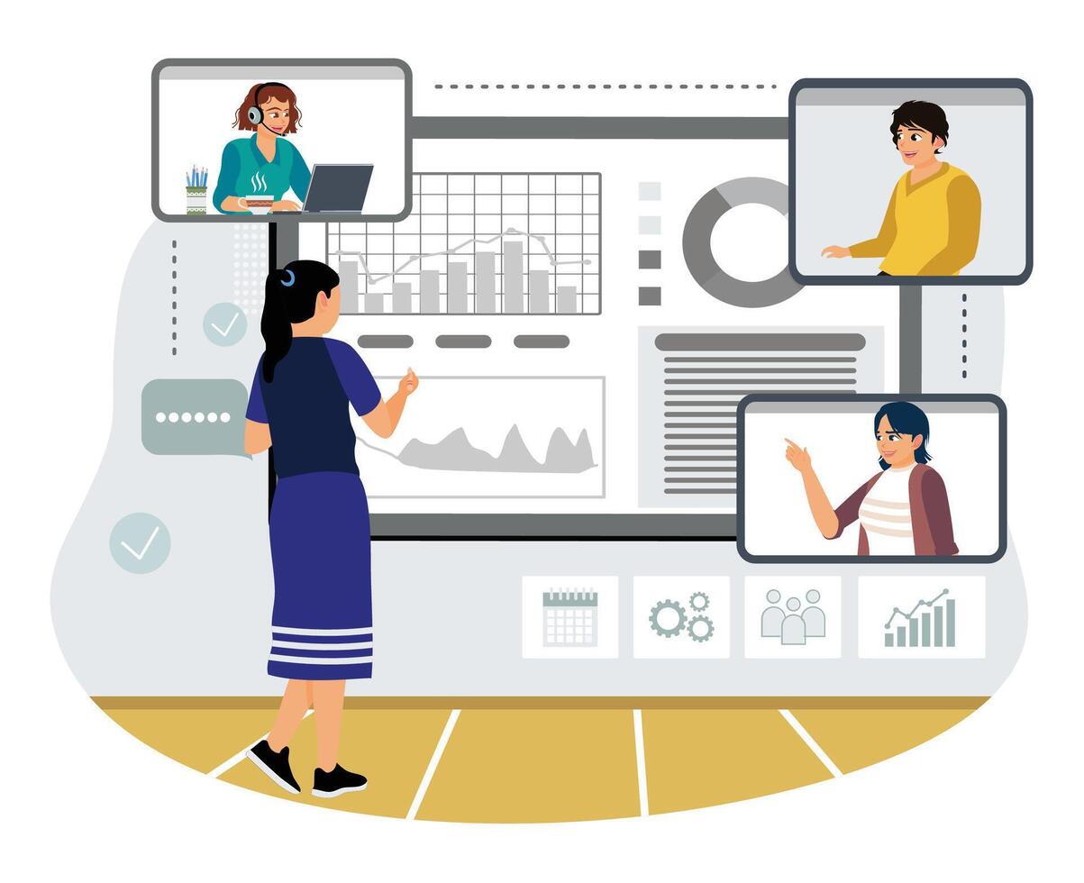 Entrepreneurs hold online meetings with colleagues analyzing business data. vector