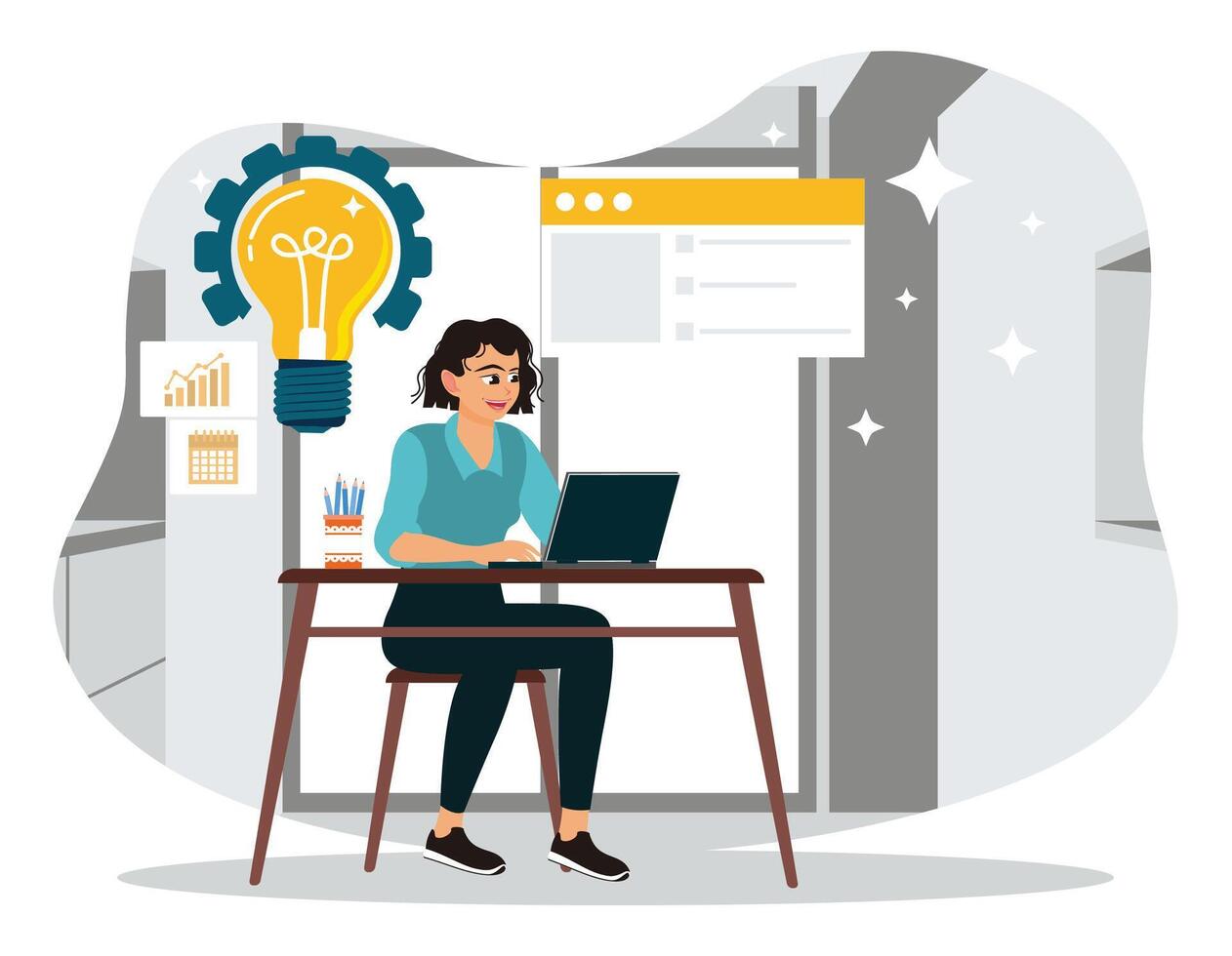 The businesswoman focuses on working in front of a laptop computer and developing creative ideas. vector