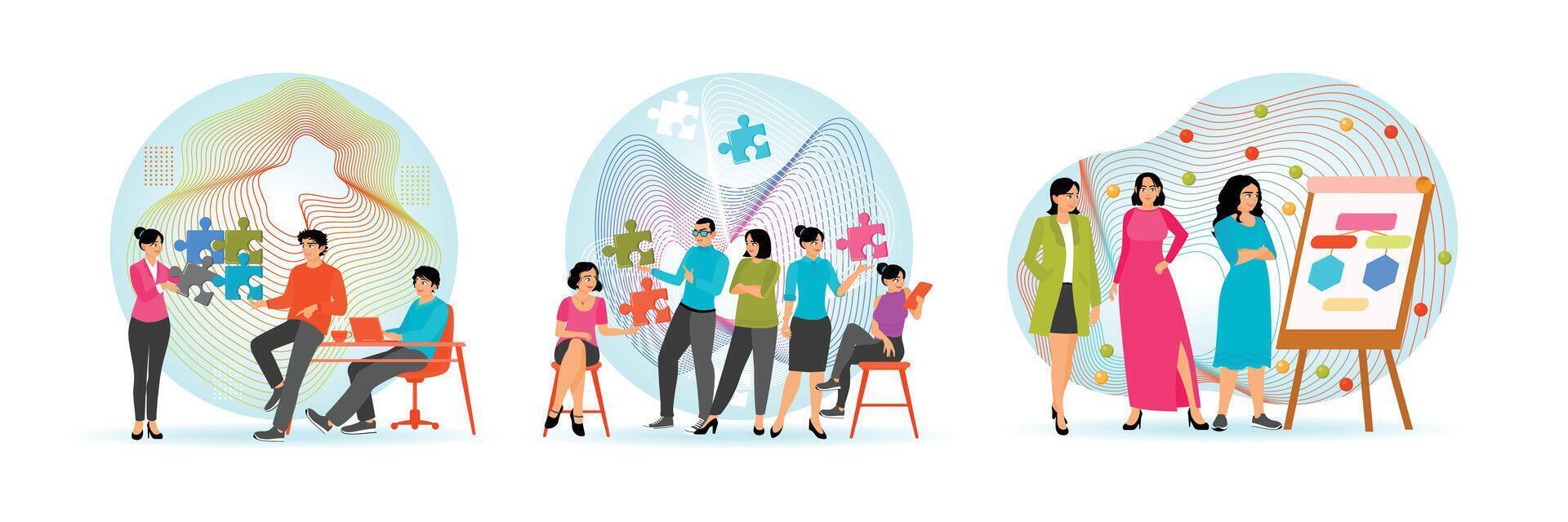 A group of employees hold a meeting in the office and exchange ideas. vector