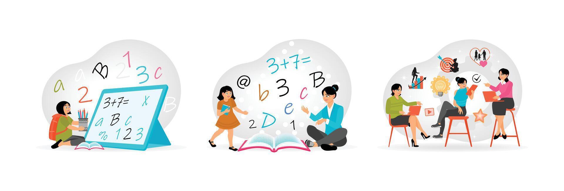 Little Girl Doing Her Homework. Teaching a Girl in an Informal Setting. Women Group Watching . vector