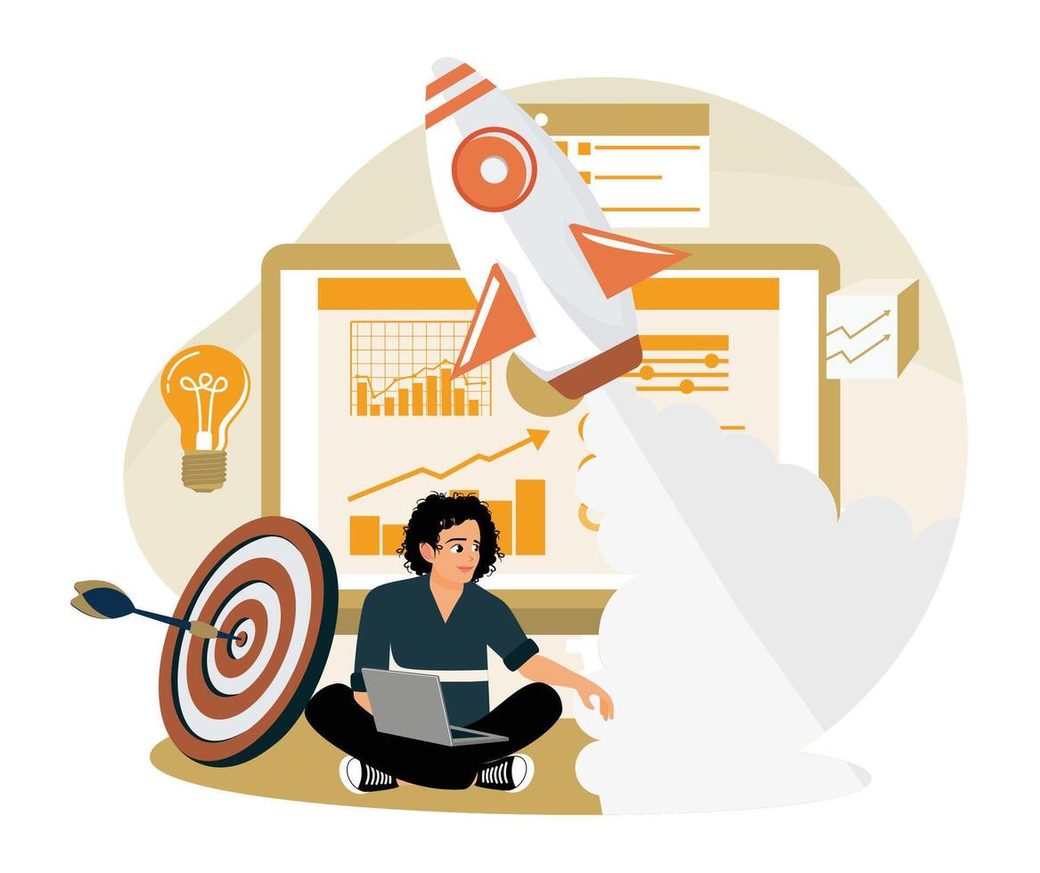 Innovative business concept with rocket, target, and modern data visualization. vector