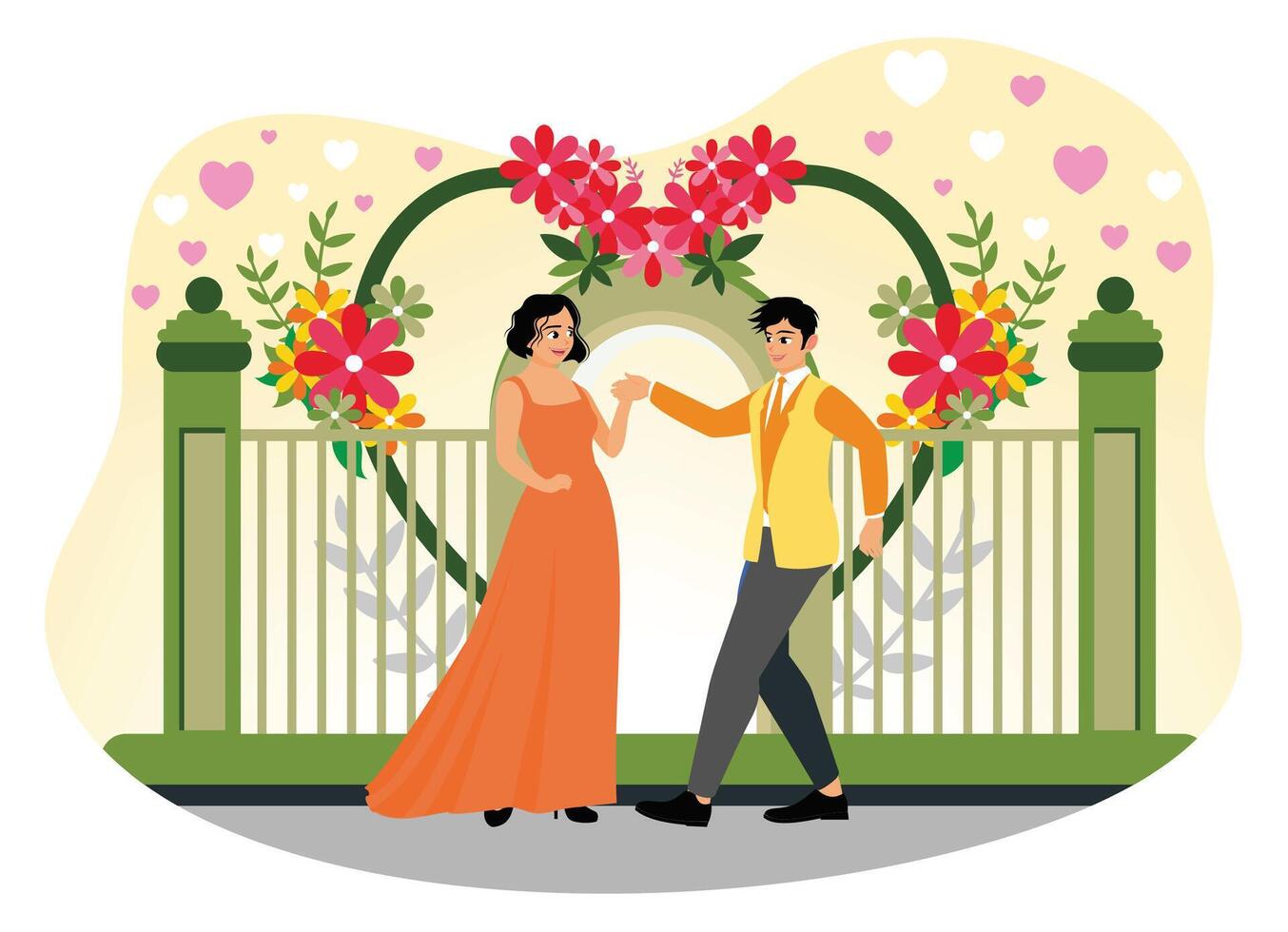 A couple in a romantic moment on the background of heart-shaped floral decoration. vector