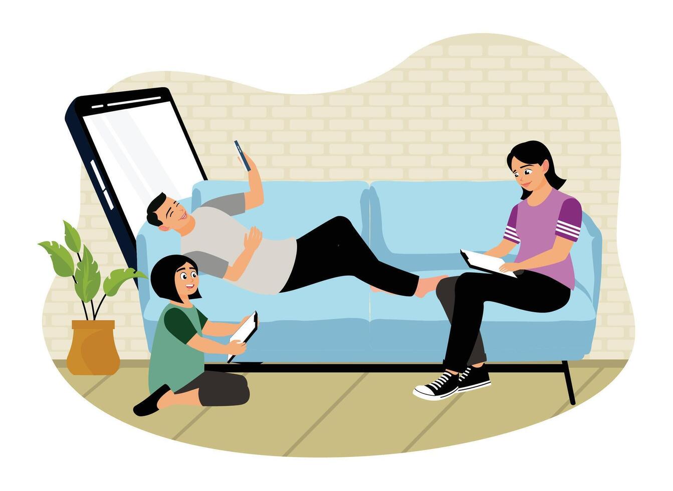Family relaxing together on the couch using digital devices. vector