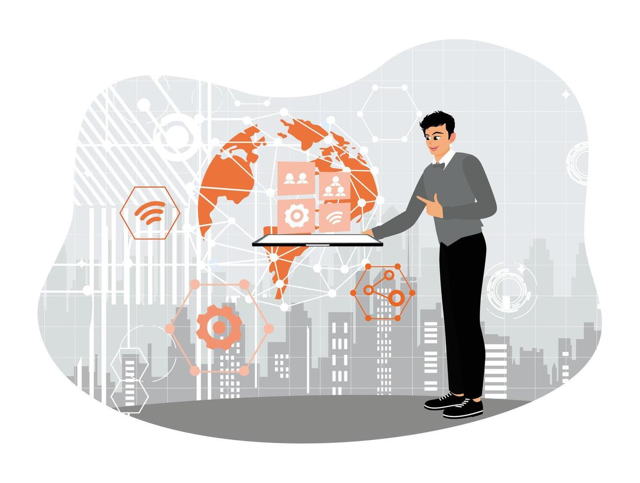 Global business technology with young entrepreneurs and digital tablets. vector