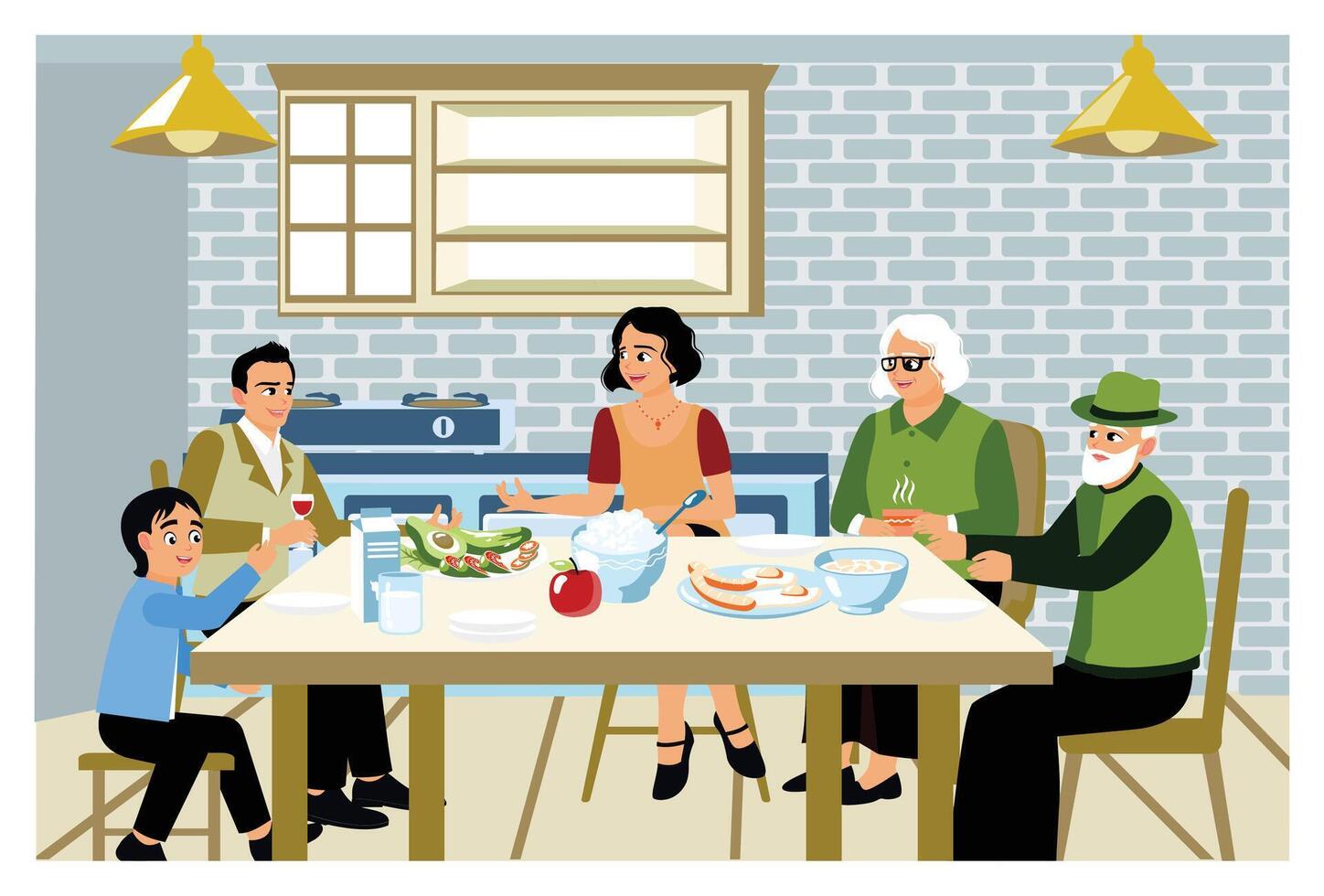 Family members enjoy eating together in the comfortable dining room. vector