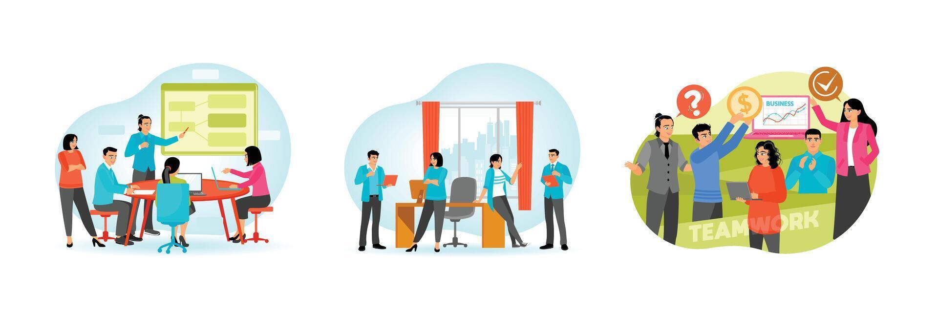 Managers and employees collaborate in brainstorming sessions and work discussions. vector