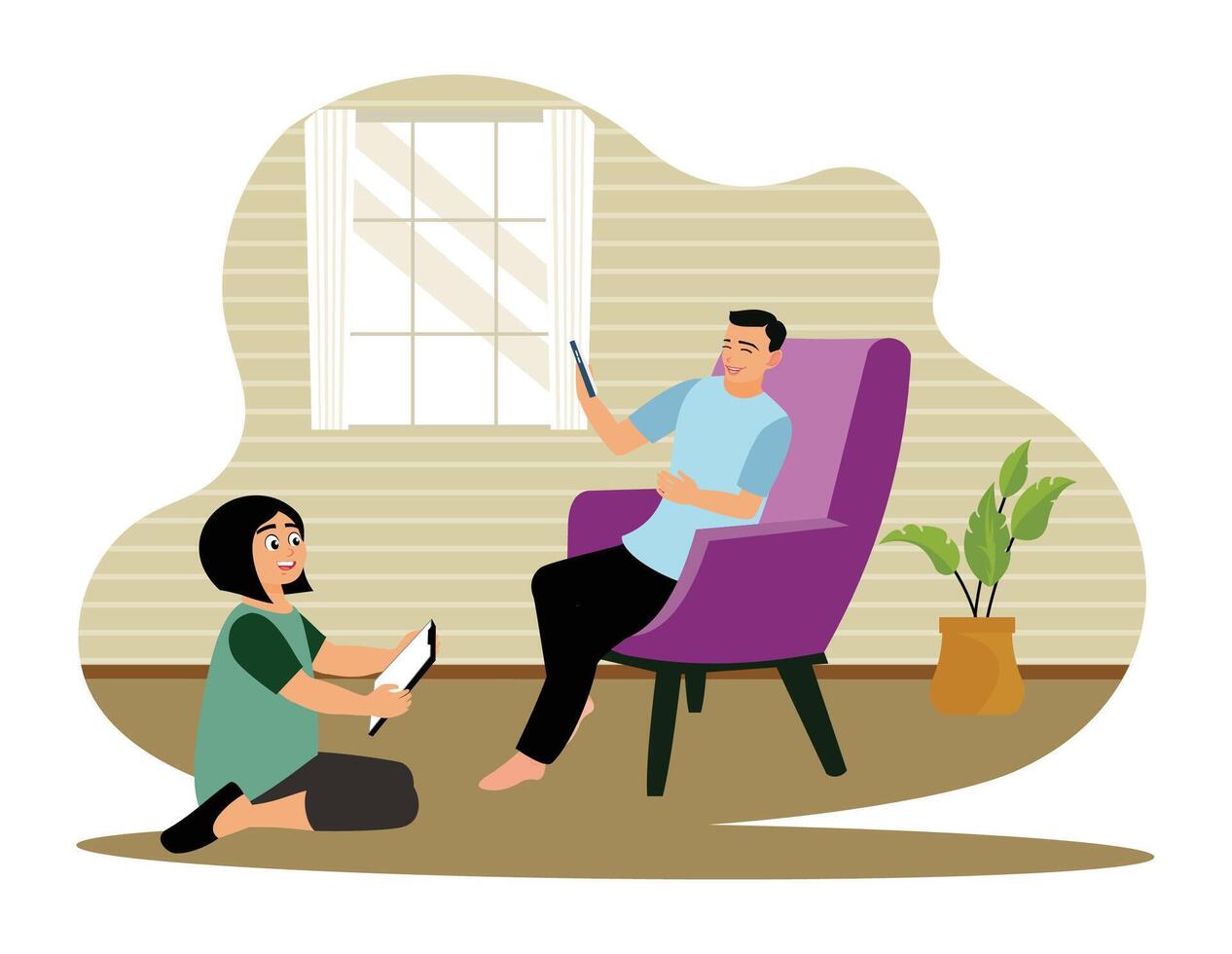 Father and daughter spend time online at home. vector