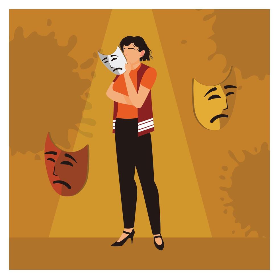 A woman expresses various emotions with a mask. vector