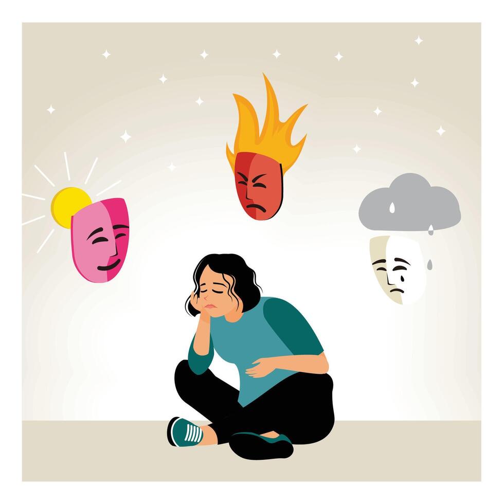 A woman with changing emotions of happy and sad. vector