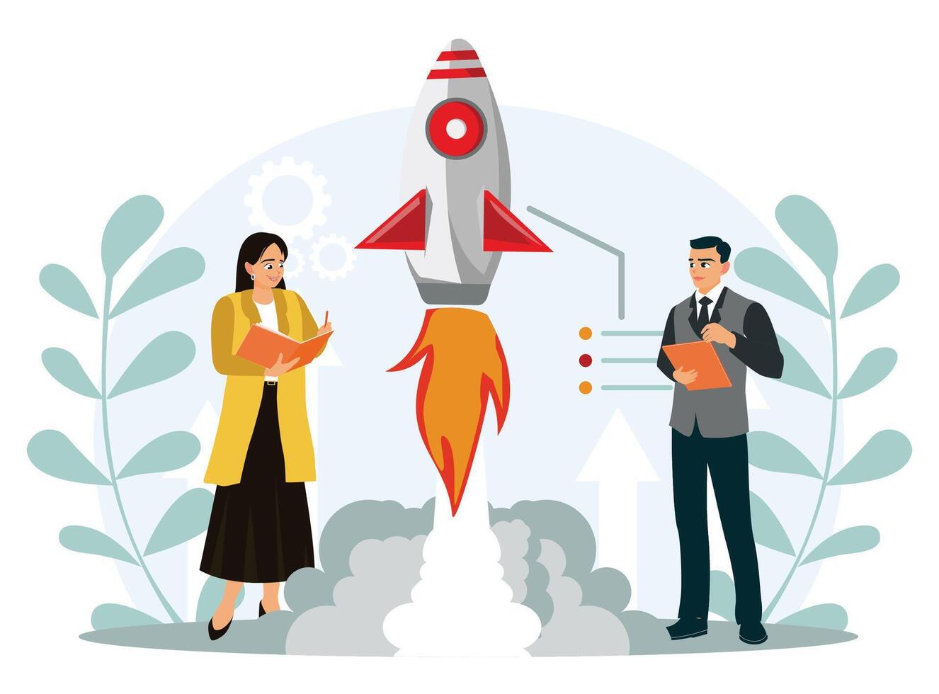 Entrepreneurs and creative teams analyze the launch of marketing advertising campaigns. vector