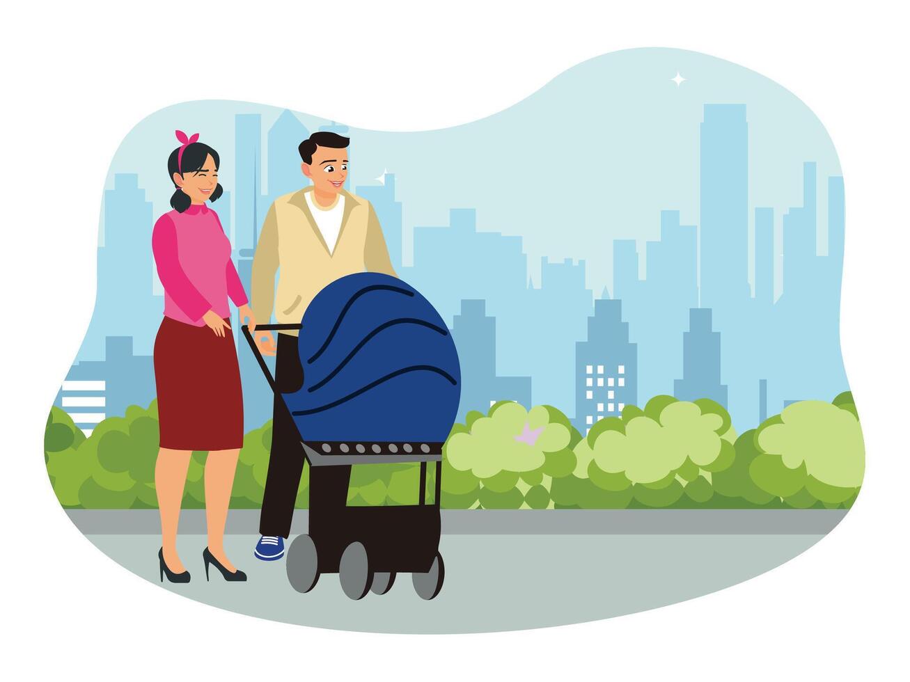 A young couple takes their baby for a walk in a stroller. vector