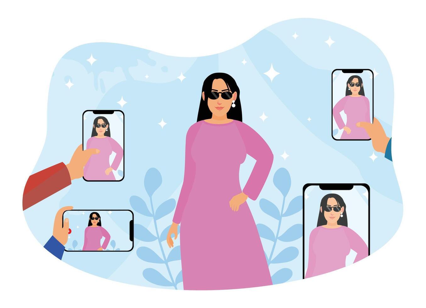 A female model poses as a reporter takes photos with her cell phone. vector