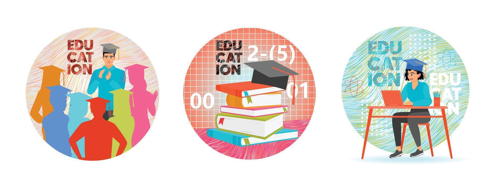 Formal education in schools features stacks of Books with graduation caps. vector