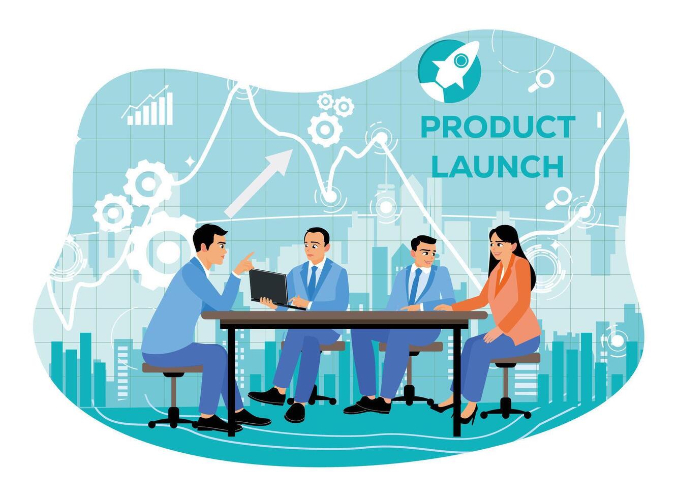Business meeting discussing new product launch and market strategies. vector