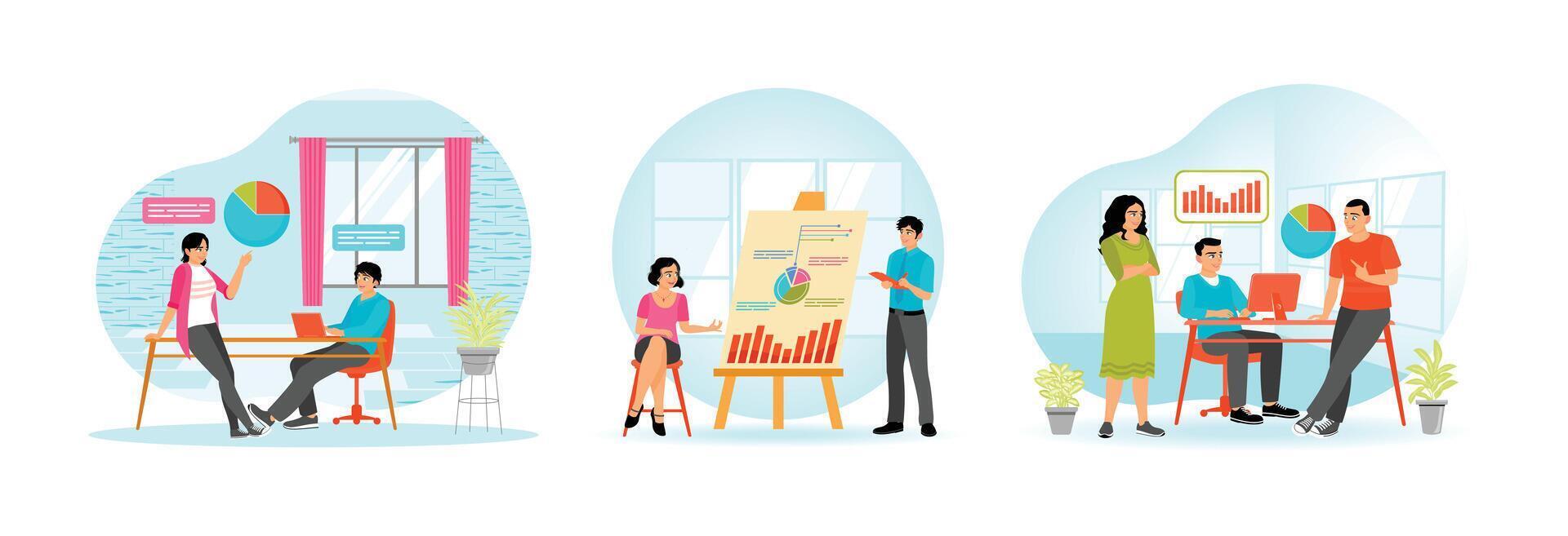 Coworkers collaborate in a modern office discussing data and charts during a presentation. vector