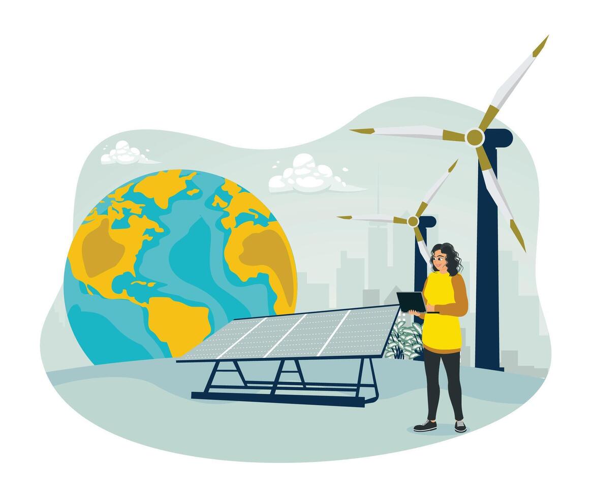 Eco-friendly energy solutions featuring solar panels and wind turbines. vector