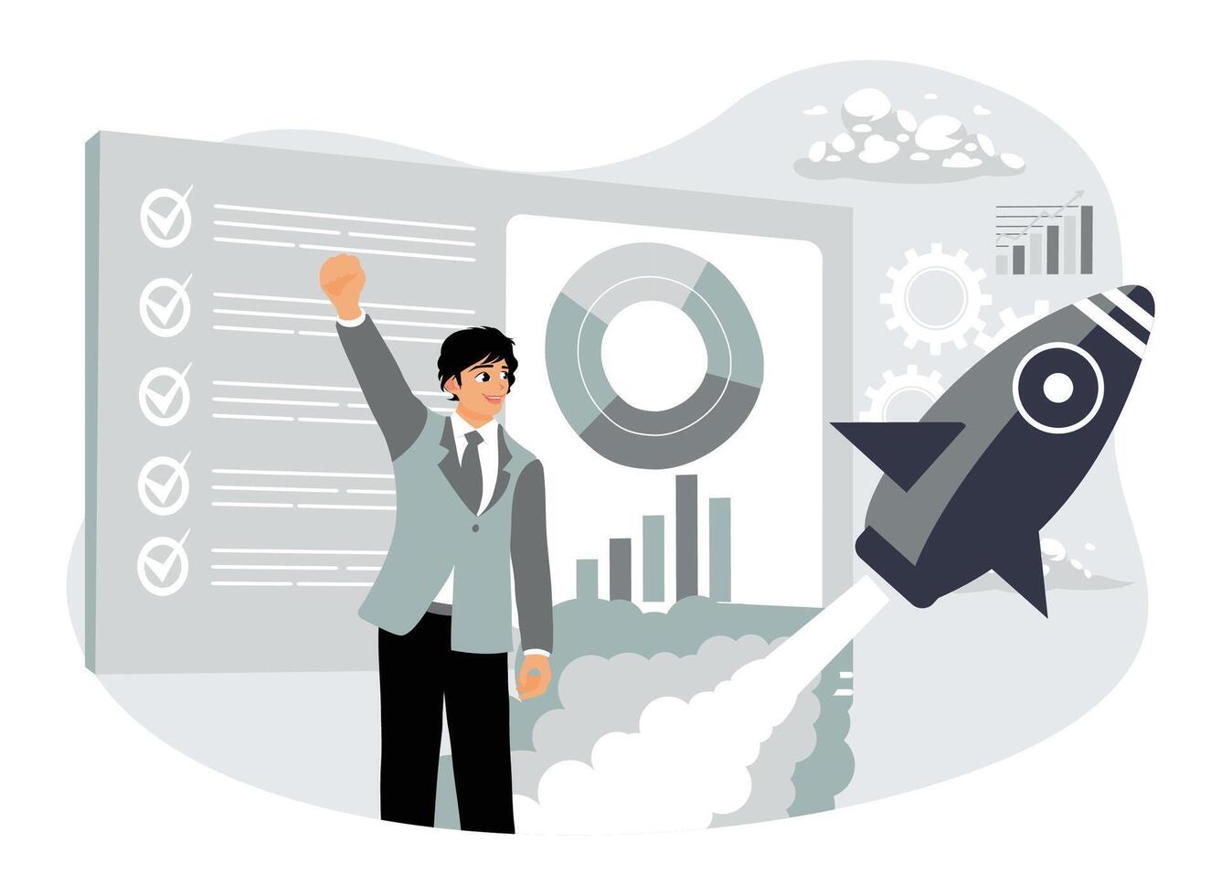 An entrepreneur analyzes data to develop a project. vector