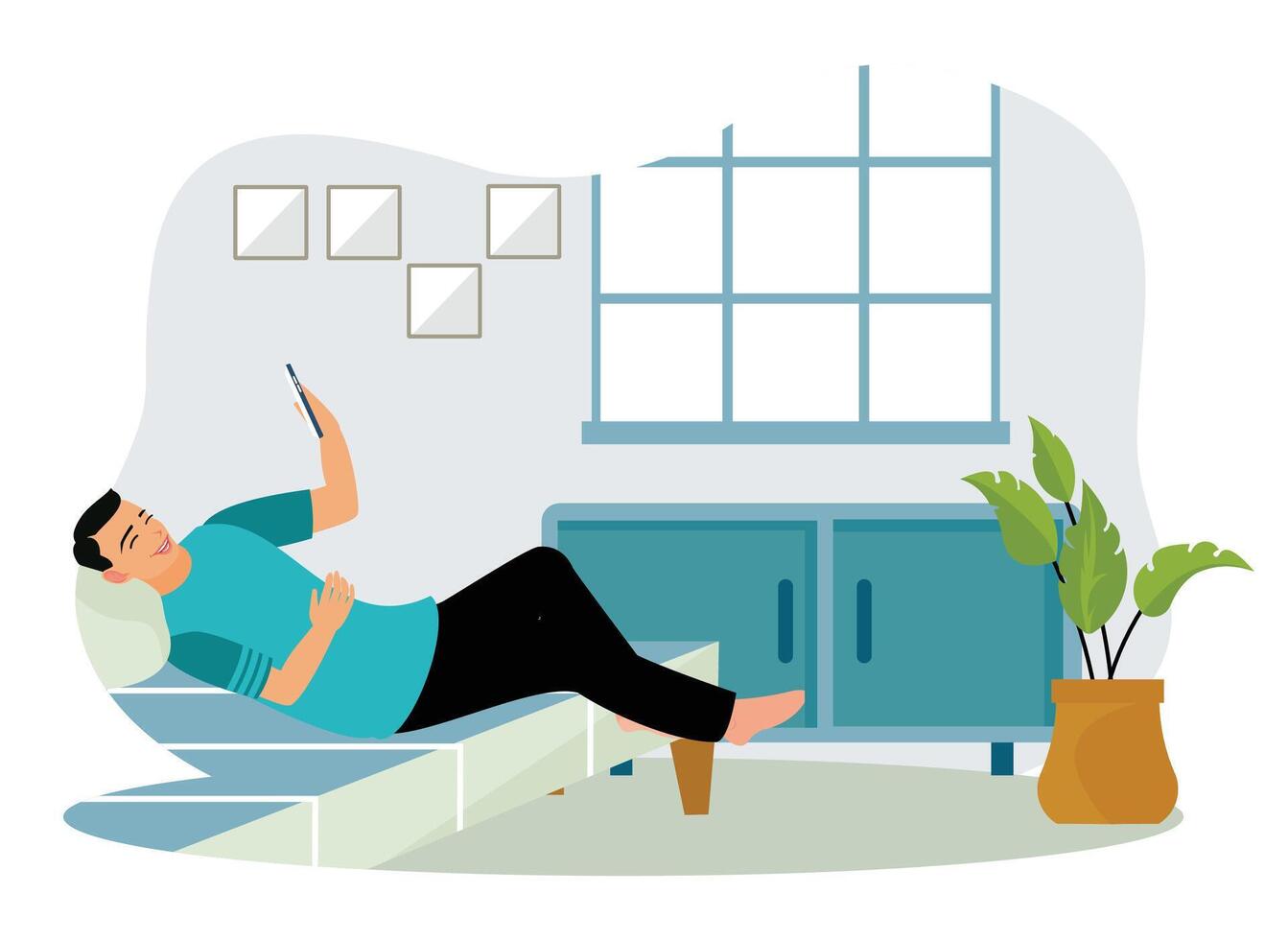 Young man spends time at home playing with smartphone. vector
