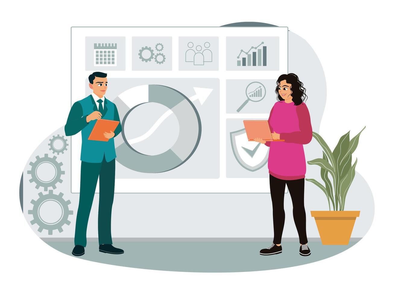 Agency workers meet clients to discuss brand promotion. vector