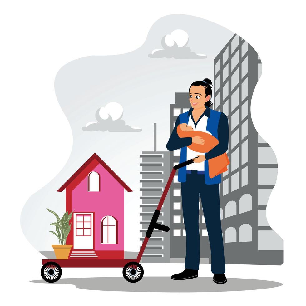 Young father holding baby while on leave from work. vector