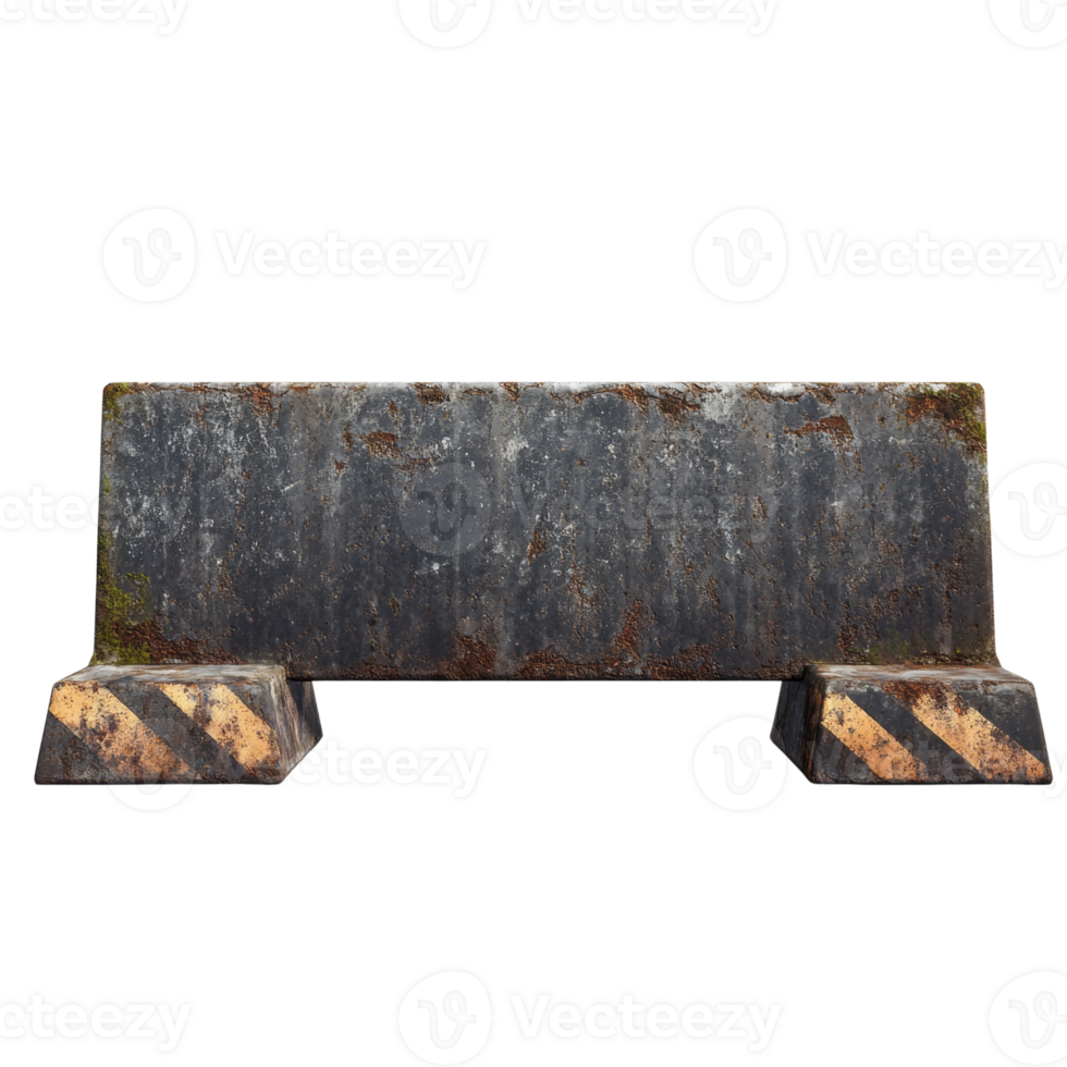 A weathered concrete barrier with rusted details and black and yellow stripes png