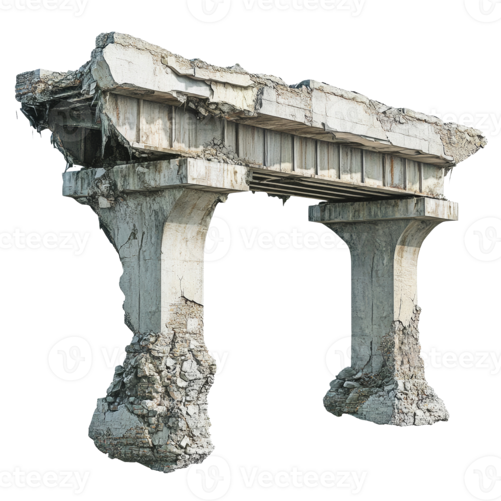 Decaying concrete structure remnants, historical ruin isolated, damaged architecture png