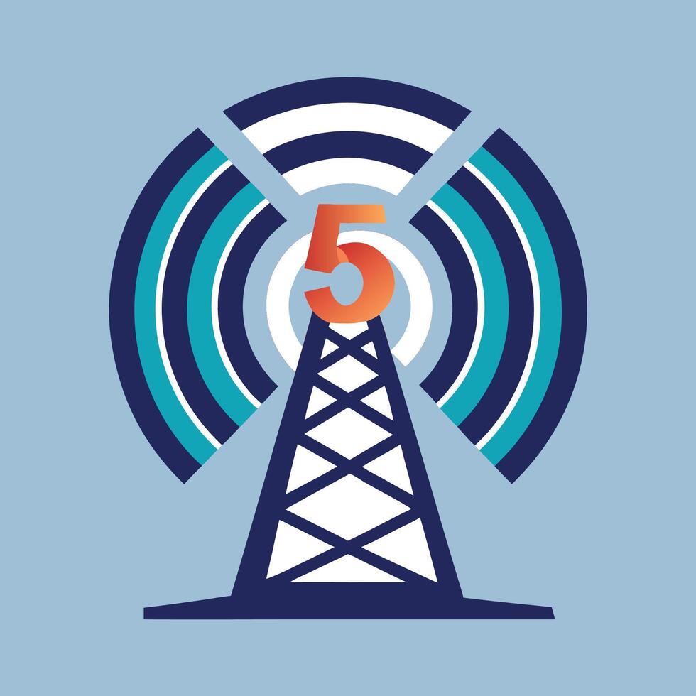 Modern logo design for network infrastructure featuring a wireless tower and signal waves in distinct colors and a bold number five vector