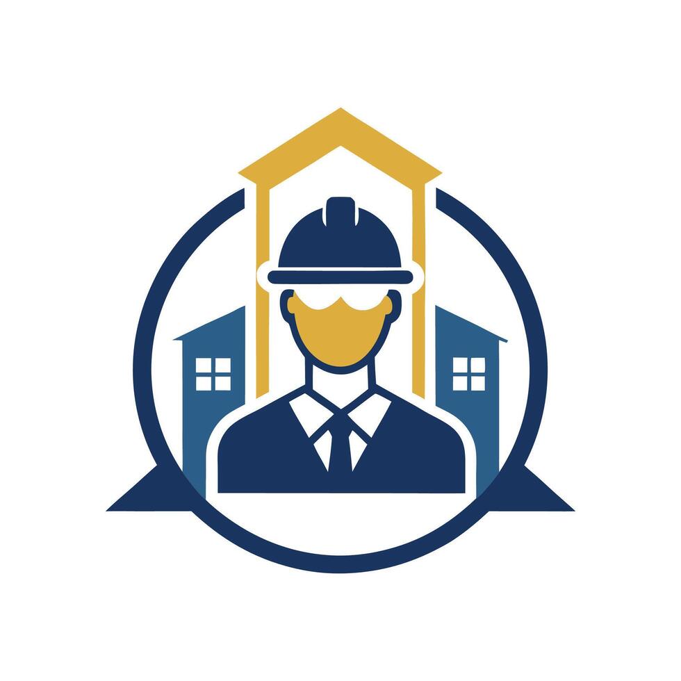 Reliable minimalist logo design for a general contractor showcasing a confident figure with a construction hat and home outlines, representing quality and professionalism in the industry vector