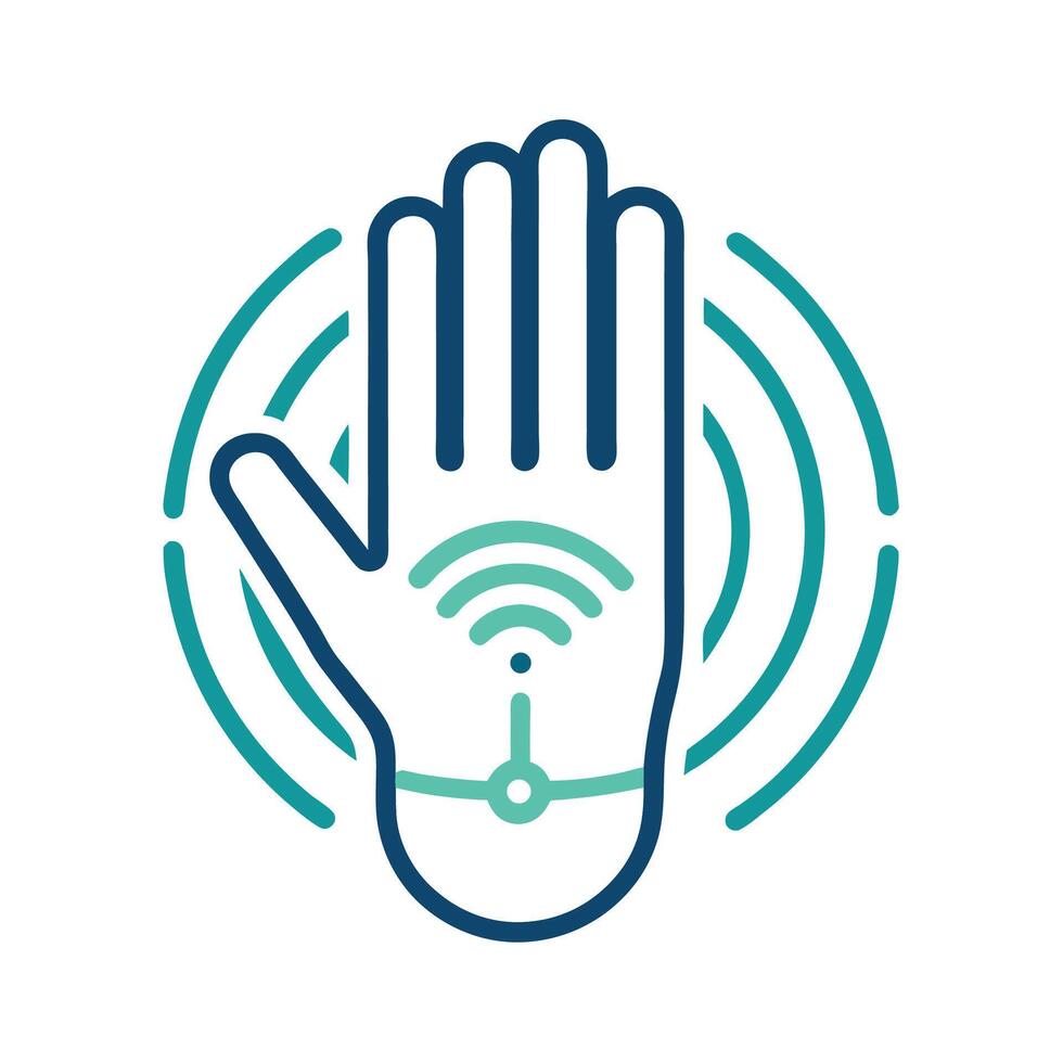 Innovative logo design for gesture recognition technology interface showcasing hand with signal waves vector