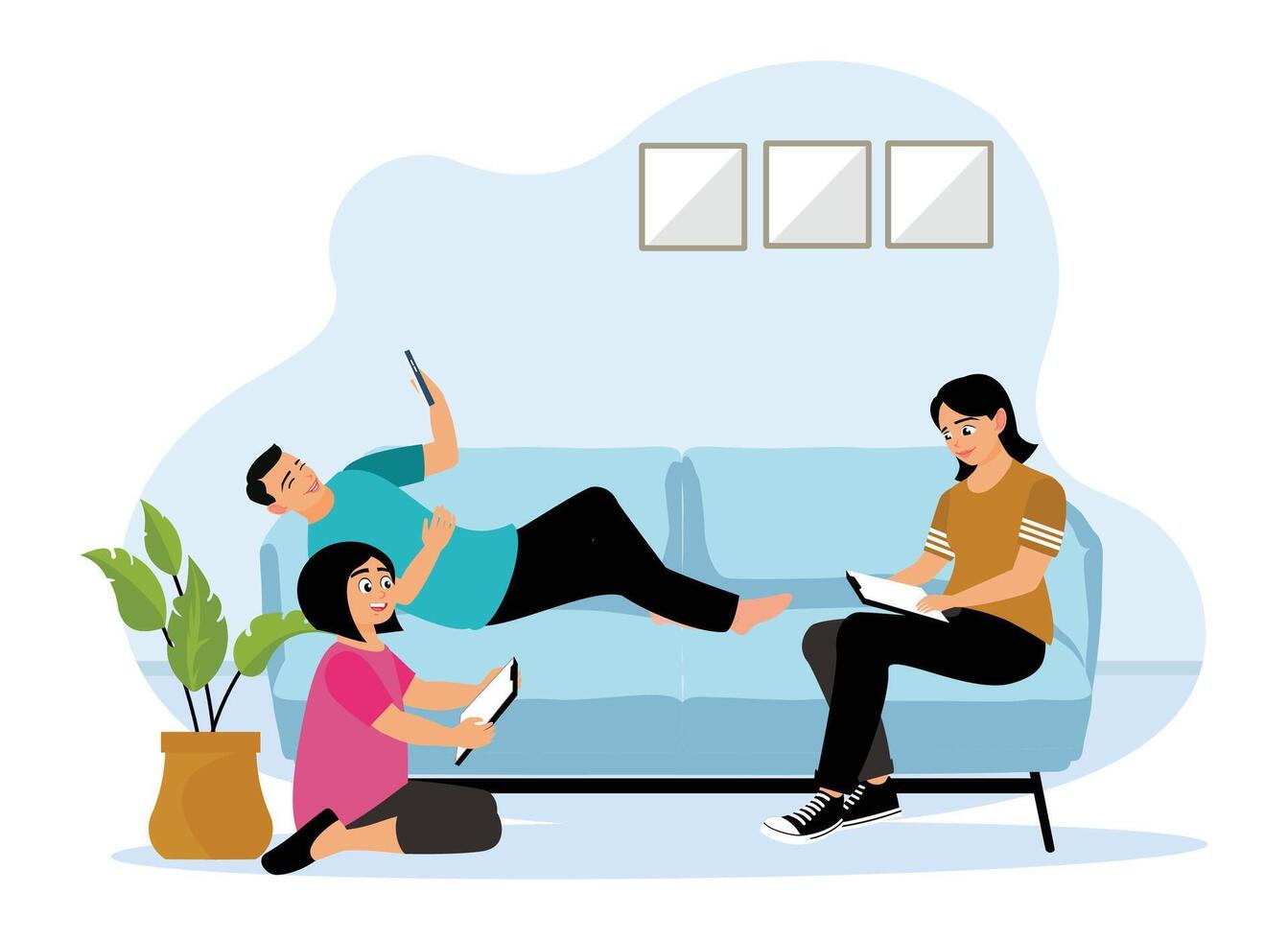Parents and kids spending time online in home. vector