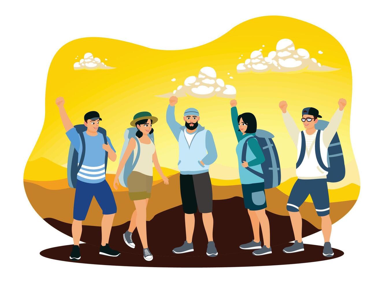 Group of hikers enjoying a mountain adventure under a vibrant sunset sky. vector