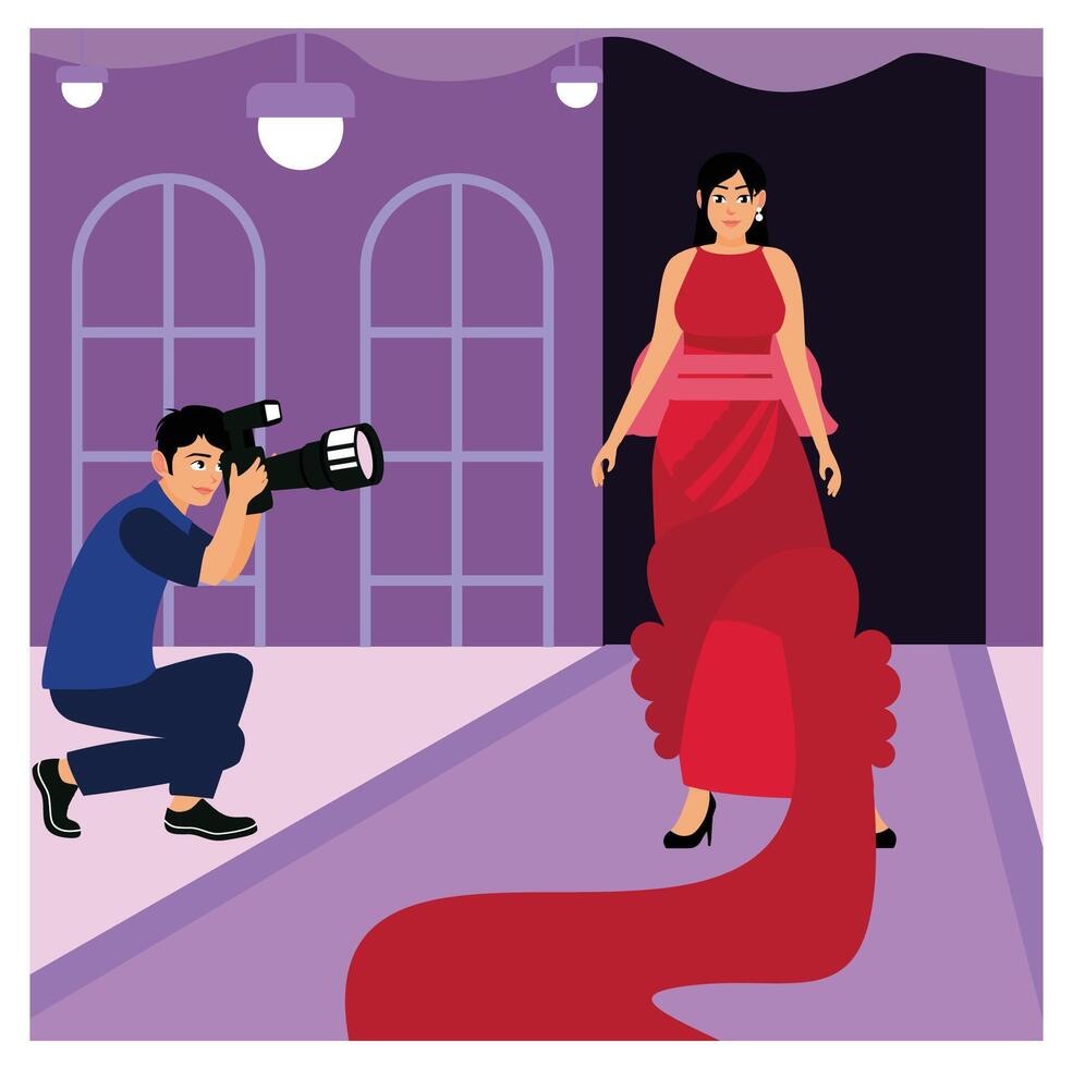 Fashion show with models walking on the catwalk. vector