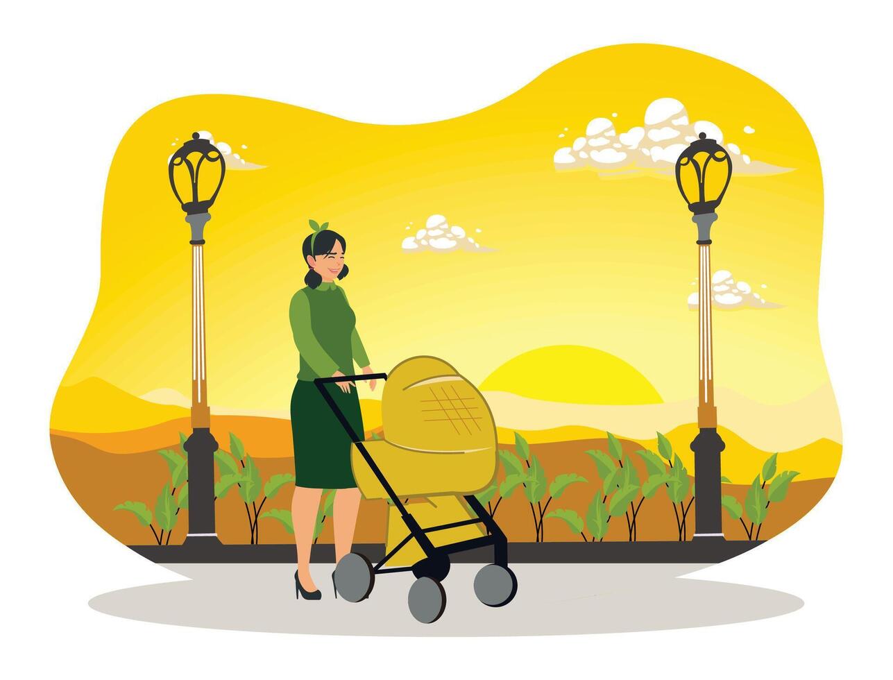 A young mother takes her baby for a walk in a stroller. vector