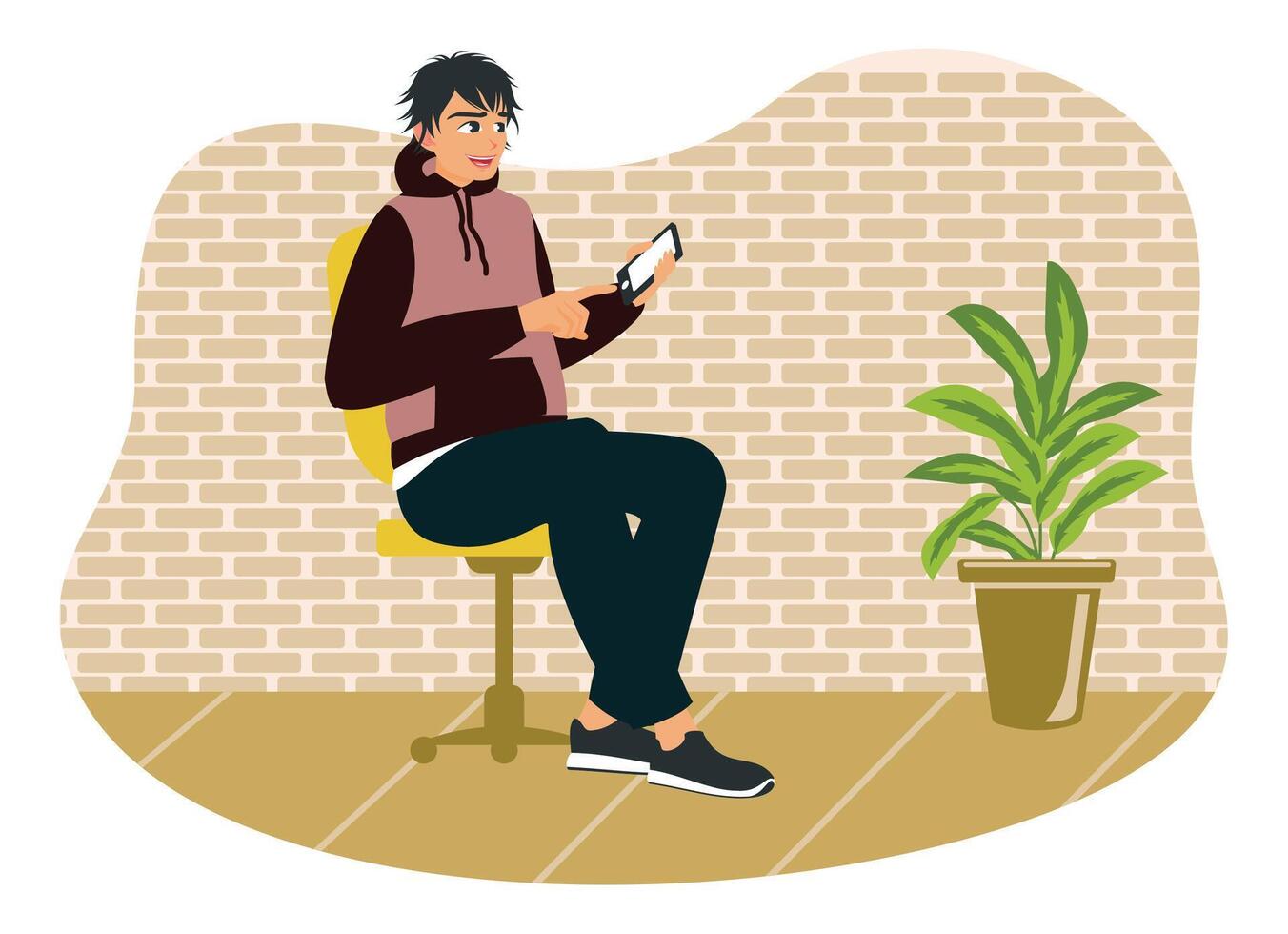 Guy holding smartphone and spending time online. vector