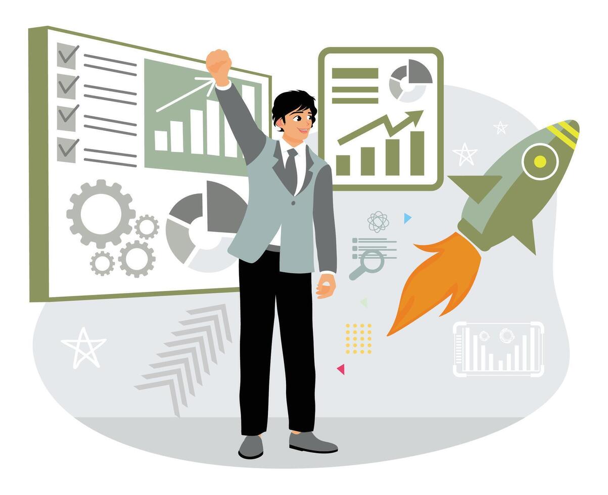 The male entrepreneur is happy because he has completed all the tasks from the list and set goals. vector