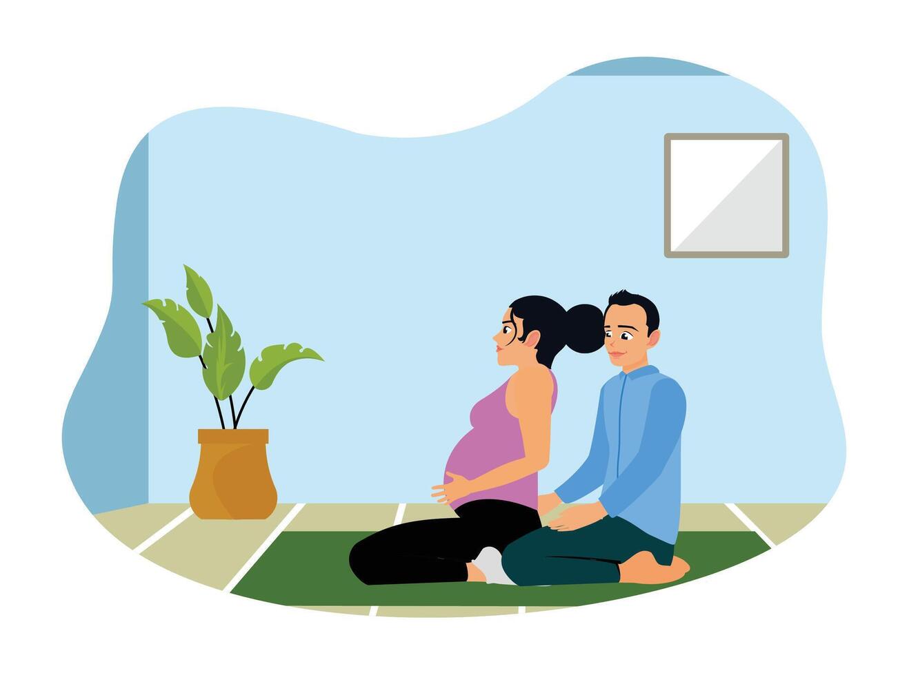 A couple practices prenatal meditation at home. vector