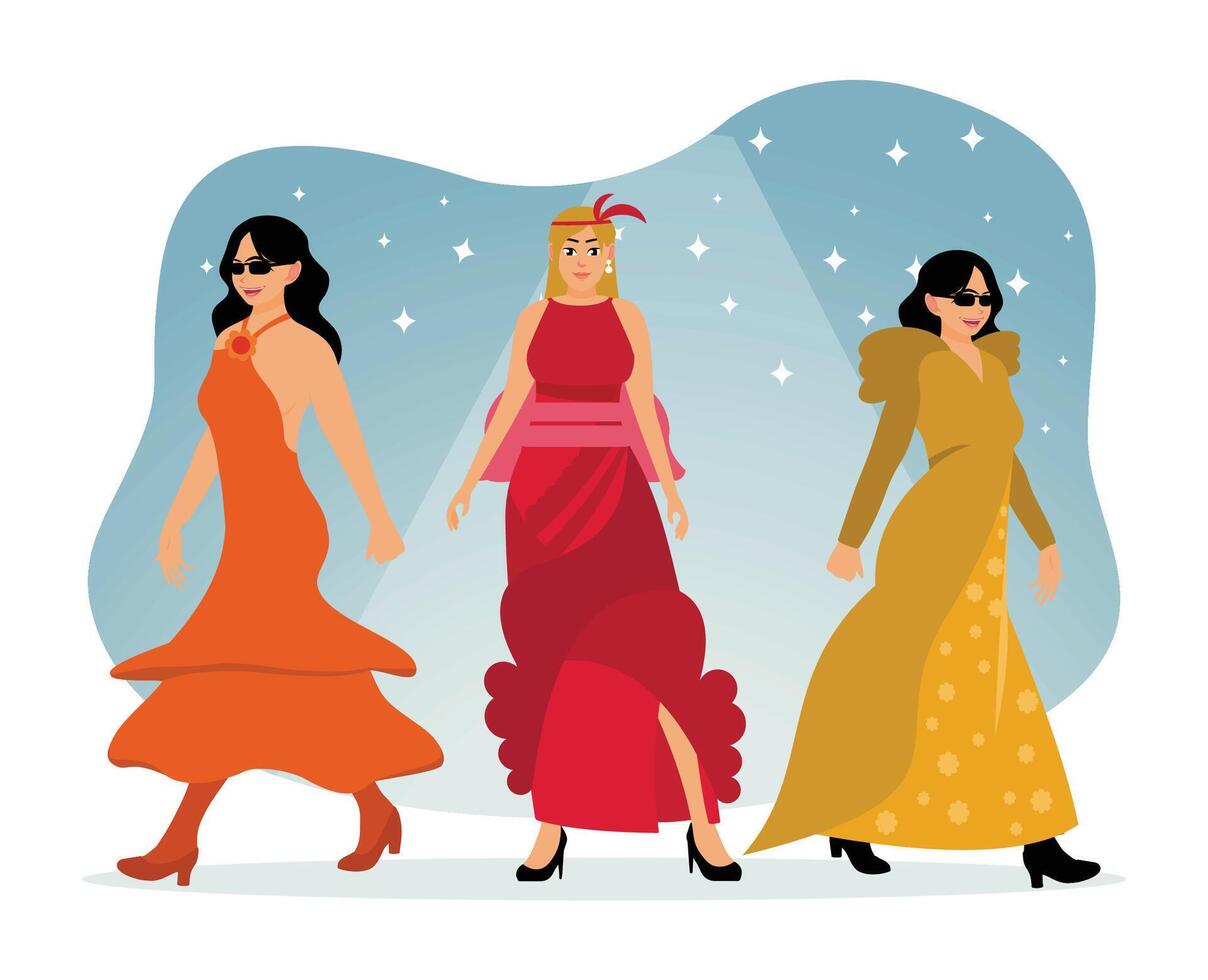 Three female models strut their stuff on the catwalk in elegant dresses. vector