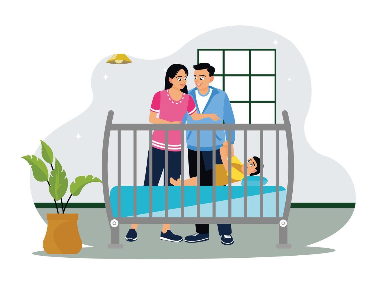 Young parents caring for a baby in a crib. vector